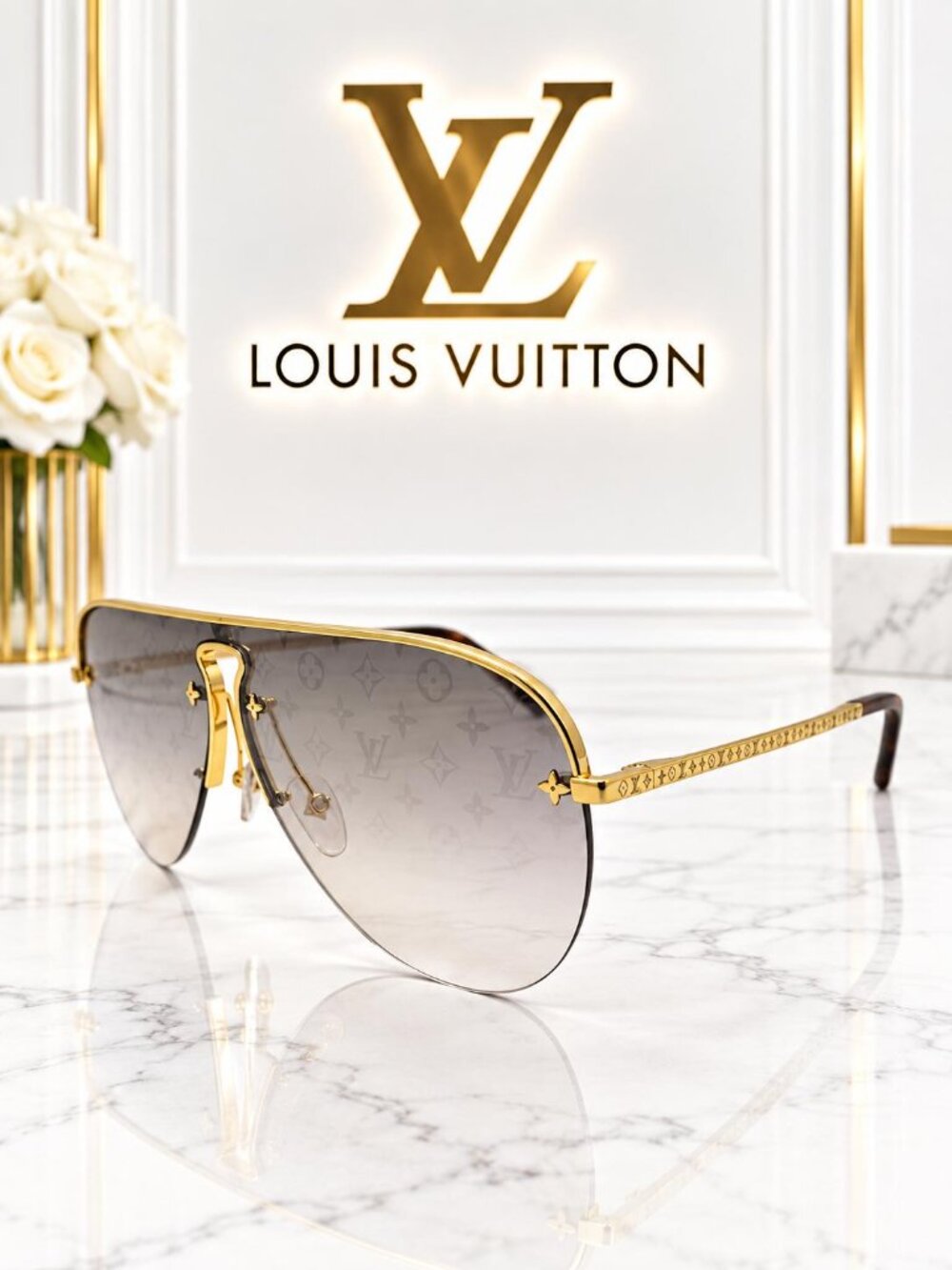Authentic Louis Vuitton Monogram Aviator Sunglasses Gold Tone Rimless Luxury